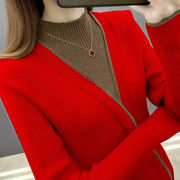 针织衫女2024秋季韩版修身毛衣假两件长袖套头半高领打底衫潮