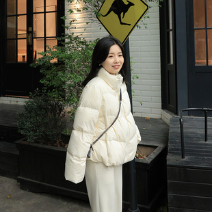 尔尔自制小个子黄色立领羽绒服女冬季短款加厚白鸭绒面包服外套