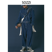 Sozzi*牛仔连体裤男女高腰直筒宽松系带工装复古连衣裤显瘦长裤