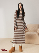 Liilou 设计复古撞色条纹收腰显瘦针织长裙圆领打底连衣裙冬