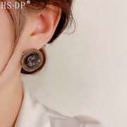 法式复古时尚简约满钻圆形，耳钉s925银针精致百搭超闪耳环个性耳饰