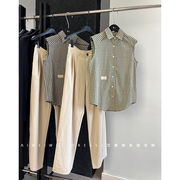原创设计师款套装!经典格纹高端棉麻polo领无袖，衬衫+直筒长裤