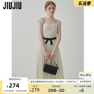 jiujiu法式复古波点连衣裙，女2024年夏季设计感蝴蝶结收腰长裙