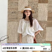 南油小众设计2024夏季法式复古甜美水溶花刺绣短袖衬衫上衣