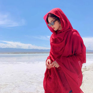 宫佩cocoa小苏大红色，拍照棉麻围巾沙漠，防晒披肩海边旅游纱巾
