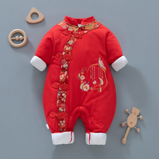 过年拜年服婴儿冬季加厚唐装女婴幼儿新年连体衣兔年红色喜庆衣服