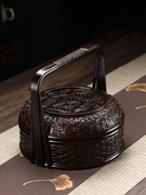 竹编大漆复古食盒中国风带，盖收纳筐，提篮圆形茶具收纳盒漆器蓝