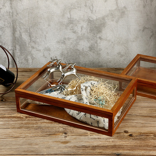复古透明带盖展示木盒桌面，木质收纳盒玻璃，m盒整理盒防尘化妆品方
