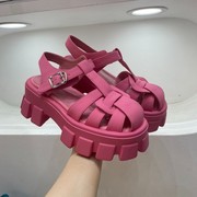 韩版糖果色厚底包头凉鞋女夏法式编织沙滩粗跟镂空罗马凉鞋