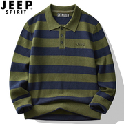 jeep吉普毛衣男秋冬季毛线衣(毛线衣)薄款纯棉翻领，条纹长袖打底polo针织衫