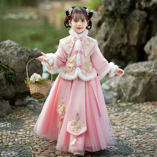 汉服女童冬款中国风儿童古装超仙唐装加厚旗袍女孩拜年服套装冬季