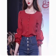 女款2024年小众别致红色泡泡，袖雪纺圆领，衬衫独特漂亮小衫