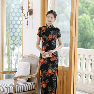 老上海短袖改良长款旗袍2024年名媛年轻款中国风，演出走秀连衣裙女