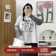 胖mm大码200斤拼接休闲卡通印花长袖t恤2025夏季新款假两件打底衫