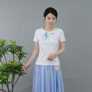 民族风夏季女刺绣修身时尚休闲通勤显瘦圆领棉质蓝玉中式上衣T恤