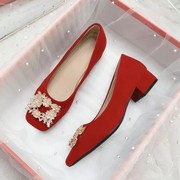 红色秀禾婚鞋女粗跟新娘，鞋女2023年中式敬酒鞋结婚高跟鞋中跟