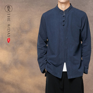 中国风男装春季盘扣长袖衬衫中式亚麻，衬衣中华立领外套唐装居士服