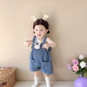 女童夏装韩系彩色针织，背心+可爱兔子，休闲牛仔背带裤薄款2件套装