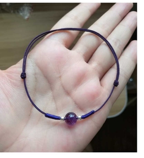 手工编织925纯银珠天然乌拉圭紫水晶手链，紫色手绳红绳脚链细款女