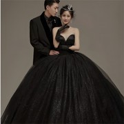 影楼拍照主题服装室内抹胸深V领蓬蓬裙法式复古黑色婚纱礼服
