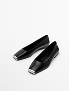 Massimo Dutti女鞋 2023春季黑色金属鞋头真皮单鞋平底芭蕾鞋