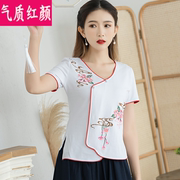 中国风大码女装绣花v领上衣2021夏装民族，风长袖棉t恤女体恤衫