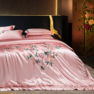 中国风樱花粉色结婚床上四件套丝棉锦缎婚庆床上用品刺绣牡丹被套