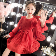 女童雪纺连衣裙秋装，2021中大童圆点韩版长袖，网红儿童洋气裙子