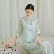 新中式复古改良绿色套装裙子女清冷感盘扣茶服茶艺师服装夏季禅意