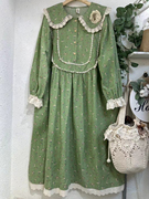 森女系甜美蕾丝娃娃领绿色，碎花连衣裙复古田园，风棉麻裙子日系长裙