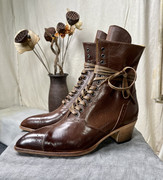 古董短靴mystique手工鞋骑士风，雕花系带牛皮多色复古女靴vintage