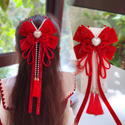 新年红色大蝴蝶结发夹女儿童公主飘带流苏春节头饰后脑勺顶夹发卡