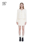 ODTD 设计师品牌白色翻领羊毛短款外套贴袋装饰粗花呢短裙女