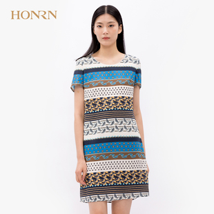 HONRN/红人夏季女装短袖圆领H型连衣裙商场同款HE22OL079