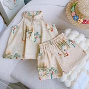 女童中式复古风套装2024夏季儿童印花吊带背心宝宝短裤两件套