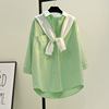 豆沙绿披肩两件套中长款衬衫女春季糖果，色文艺衬衣上衣潮