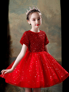 红色儿童演出服主持成人礼礼服裙生日女童法式公主裙连衣裙可订制