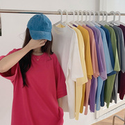 2021网红简约短袖韩版宽松糖果色T恤女夏季纯色圆领上衣潮