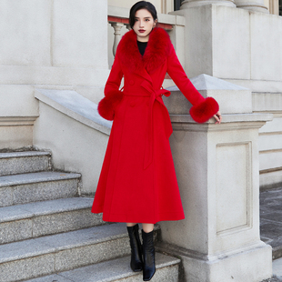 大红色西装领羊绒大衣女，2023冬季中长款羊毛呢子外套厚真狐狸毛领
