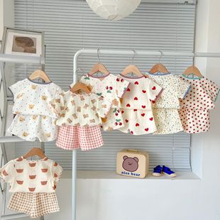 韩国童装女宝宝夏装套装婴儿，衣服短袖短裤棉质薄款洋气印花两件套
