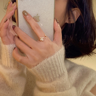 温柔气质花朵戒指女精致珍珠锆石，韩国网(韩国网)红时尚个性开口食指戒指环