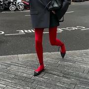 红色连裤袜女复古天鹅绒秋冬打底袜内穿外搭显瘦博主红裤袜紧身塑