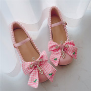原创设计粉色小皮鞋圆头软底可爱少女JK花边十字架装饰浅口单鞋