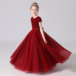 儿童公主裙高端女童钢琴演奏礼服演出服花童公主裙主持酒红晚礼服