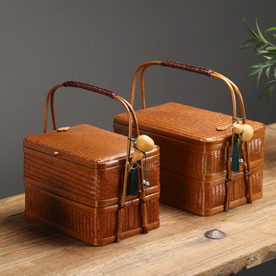 手工竹编提篮手提复古篮子，竹双层食盒月饼礼盒，便携茶道茶具收纳盒