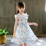 女童连衣裙夏季韩版中大童，无袖薄款碎花裙女孩，收腰雪纺背心裙