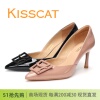 KISSCAT接吻猫2024春款细高跟漆牛皮中空尖头方扣女鞋高跟鞋单鞋