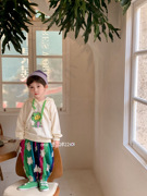 春秋季韩版儿童翅膀蝙蝠袖印花长袖卫衣搭配彩色条纹印花长裤