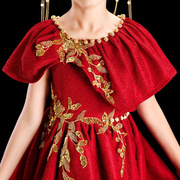 日本GK女童模特走秀公主裙晚礼服冬季红色儿童长款主持人拖尾
