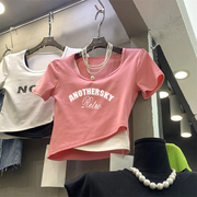 莫代尔纯棉印花假两件短袖T恤女潮夏季韩版圆领短款不规则002